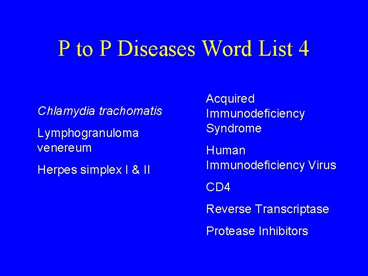 P to P Diseases Word List 4 Chlamydia trachomatis Lymphogranuloma venereum Herpes simplex I