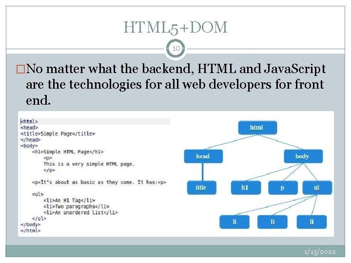 HTML 5+DOM 10 �No matter what the backend, HTML and Java. Script are the