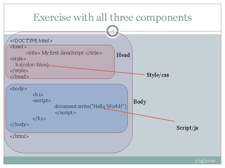 Exercise with all three components 4 <!DOCTYPE html> <head> <title> My first Java. Script