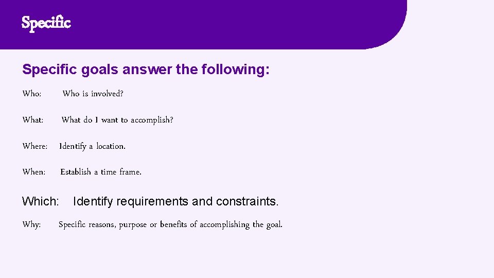 Specific goals answer the following: Who: Who is involved? What: What do I want