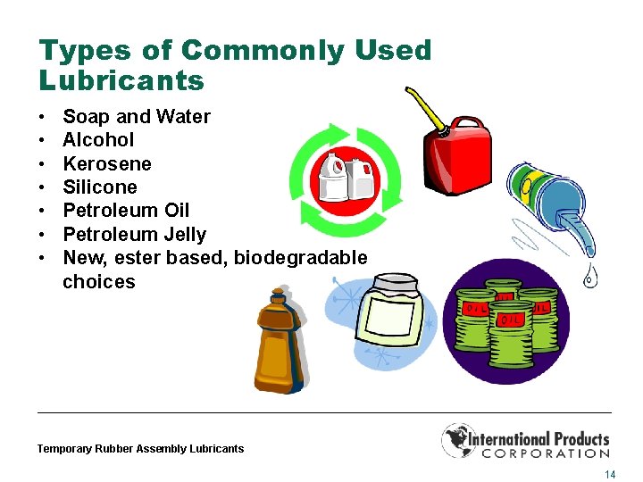 Types of Commonly Used Lubricants • • Soap and Water Alcohol Kerosene Silicone Petroleum