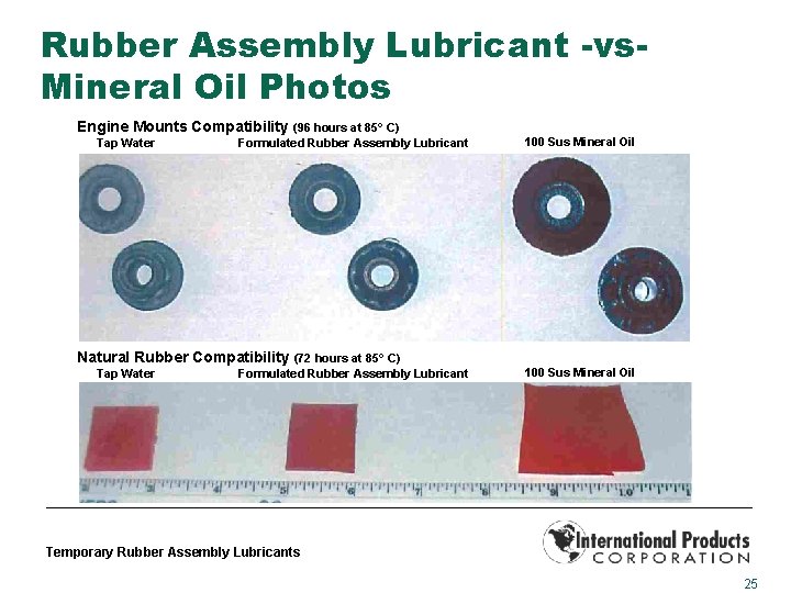 Rubber Assembly Lubricant -vs. Mineral Oil Photos Engine Mounts Compatibility (96 hours at 85°