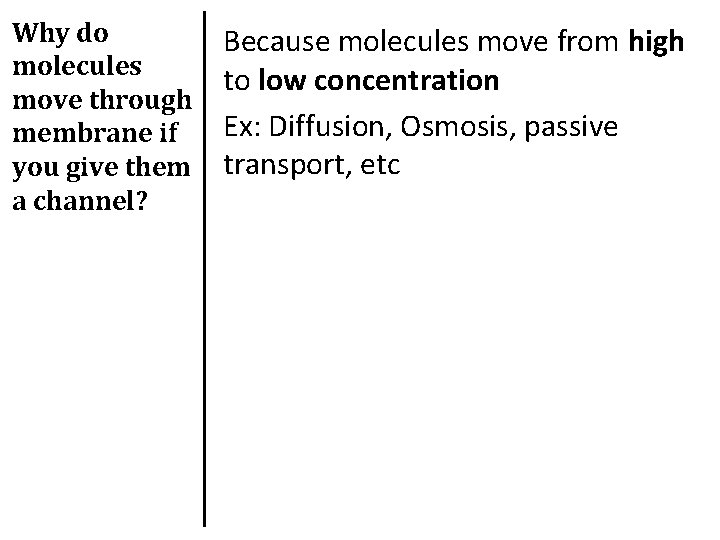 Why do molecules move through membrane if you give them a channel? Because molecules