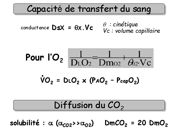 Capacité de transfert du sang conductance Ds. X = X. Vc : cinétique Vc