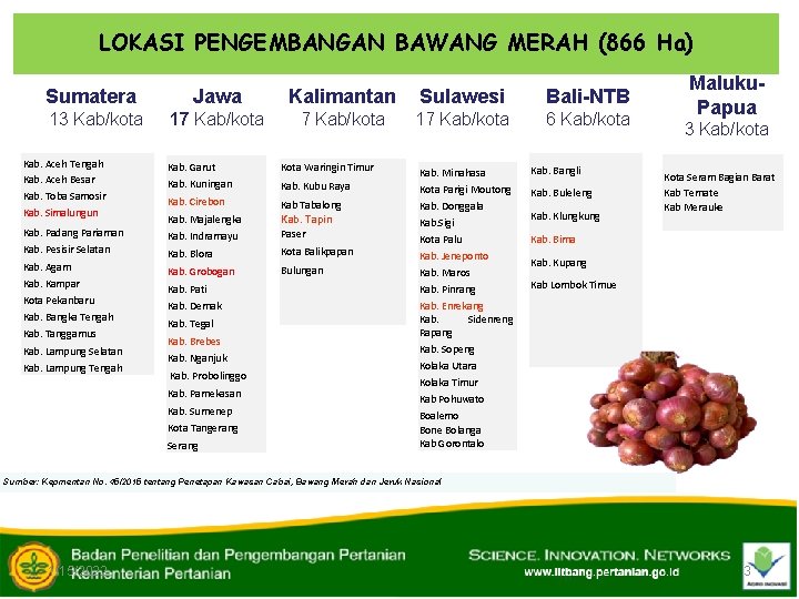 LOKASI PENGEMBANGAN BAWANG MERAH (866 Ha) Sumatera Jawa Kalimantan Sulawesi Bali-NTB 13 Kab/kota 17