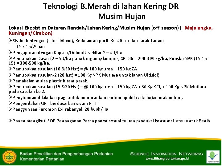 Teknologi B. Merah di lahan Kering DR Musim Hujan Lokasi Ekosistim Dataran Rendah/Lahan Kering/Musim