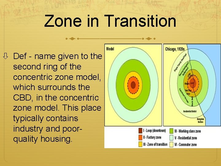 Zone in Transition Def - name given to the second ring of the concentric