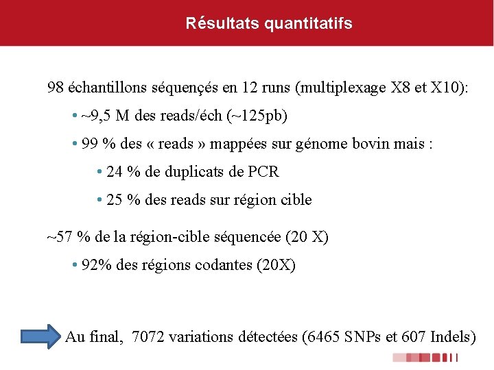 Résultats quantitatifs 98 échantillons séquençés en 12 runs (multiplexage X 8 et X 10):