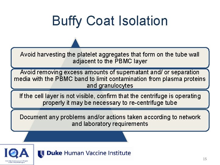 Buffy Coat Isolation Avoid harvesting the platelet aggregates that form on the tube wall