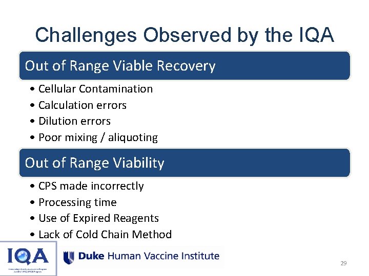 Challenges Observed by the IQA Out of Range Viable Recovery • Cellular Contamination •
