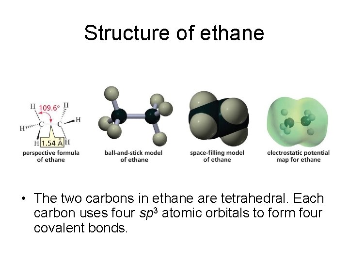 Structure of ethane • The two carbons in ethane are tetrahedral. Each carbon uses