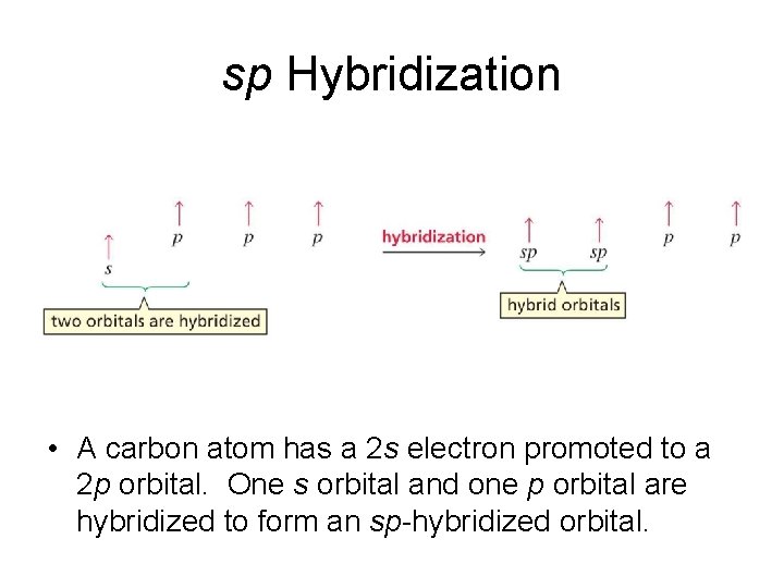 sp Hybridization • A carbon atom has a 2 s electron promoted to a