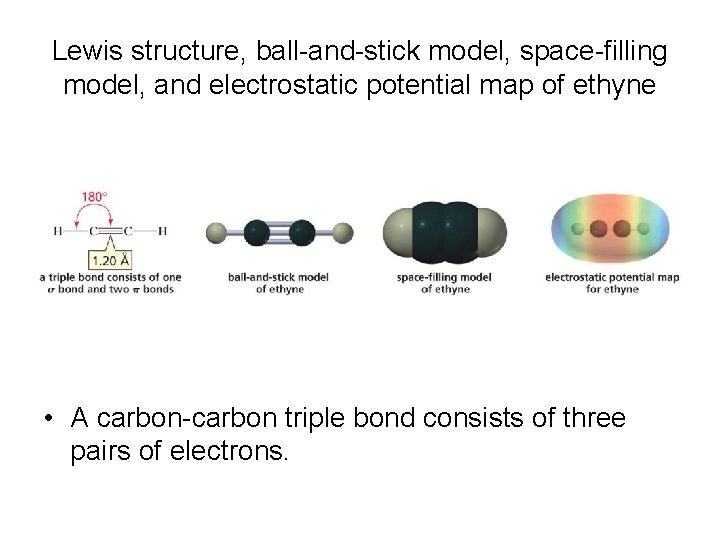 Lewis structure, ball-and-stick model, space-filling model, and electrostatic potential map of ethyne • A
