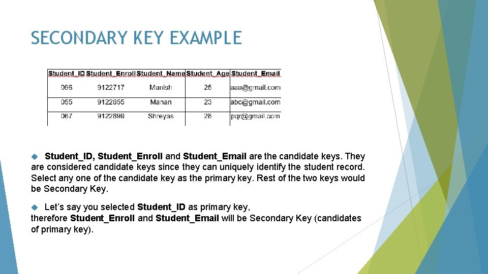 SECONDARY KEY EXAMPLE Student_ID, Student_Enroll and Student_Email are the candidate keys. They are considered