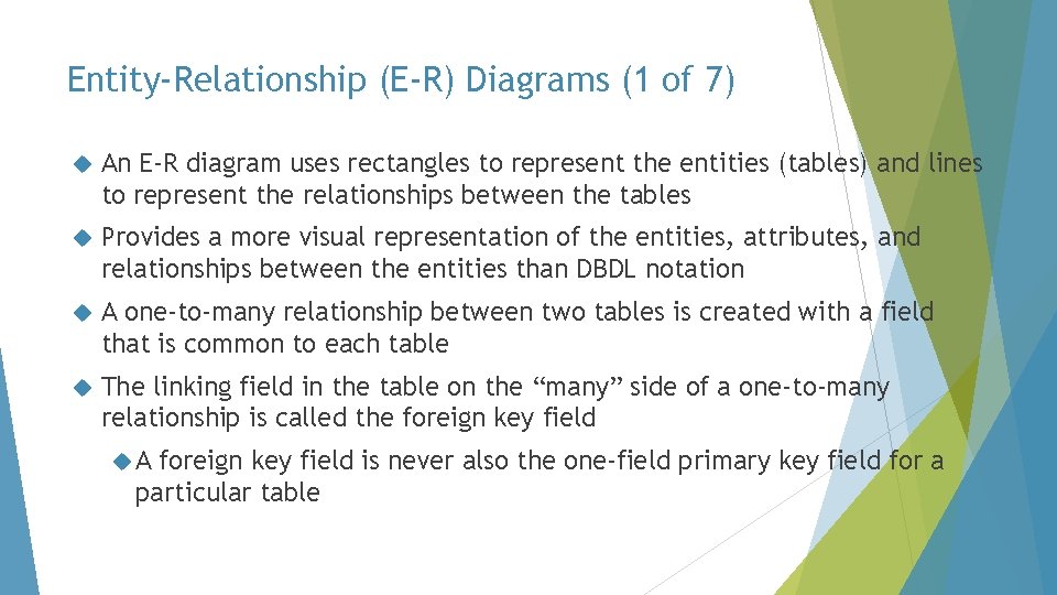 Entity-Relationship (E-R) Diagrams (1 of 7) An E-R diagram uses rectangles to represent the