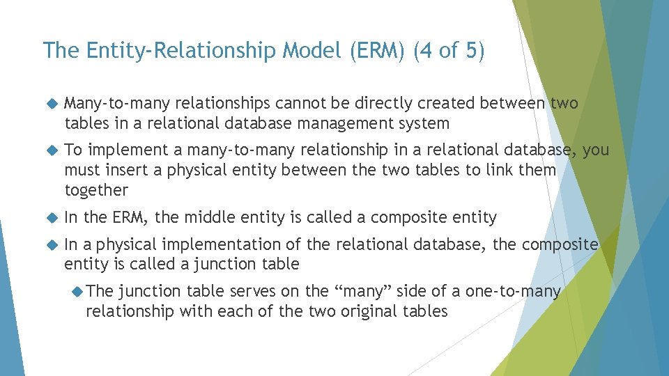The Entity-Relationship Model (ERM) (4 of 5) Many-to-many relationships cannot be directly created between