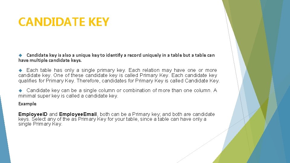 CANDIDATE KEY Candidate key is also a unique key to identify a record uniquely