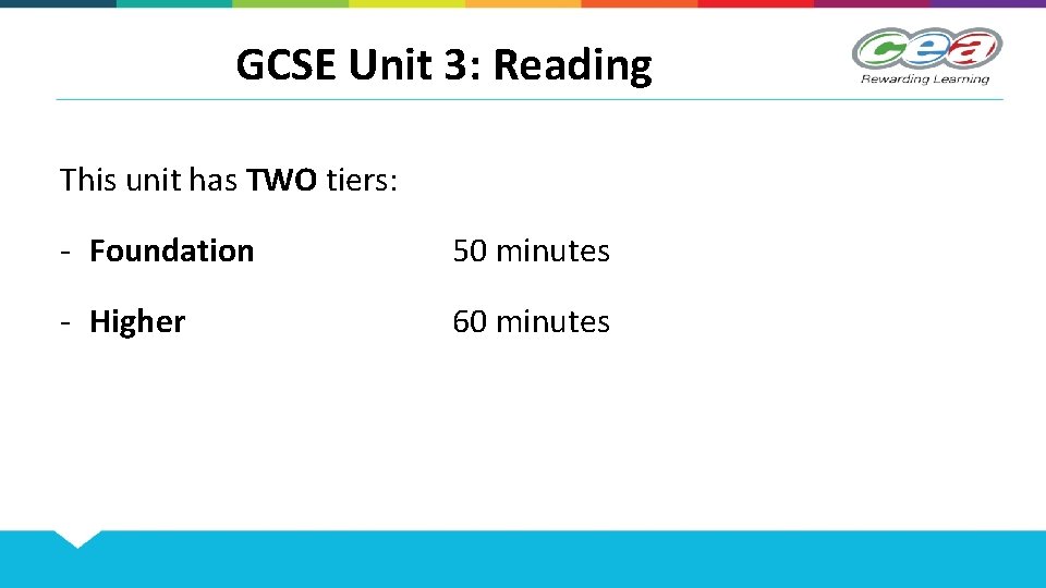 GCSE Unit 3: Reading This unit has TWO tiers: - Foundation 50 minutes -