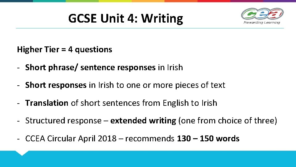GCSE Unit 4: Writing Higher Tier = 4 questions - Short phrase/ sentence responses