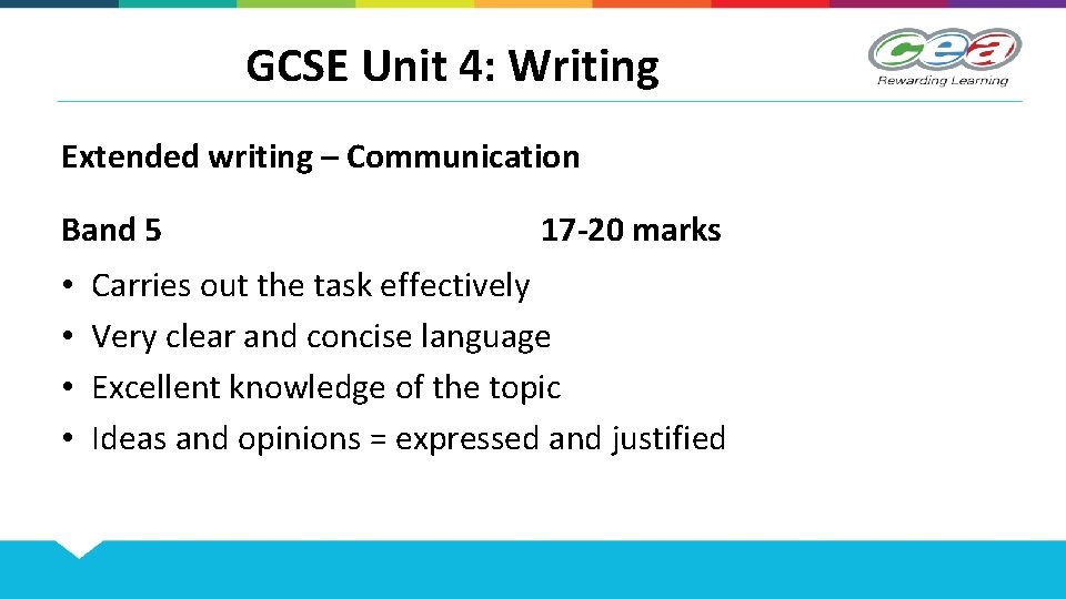 GCSE Unit 4: Writing Extended writing – Communication Band 5 • • 17 -20