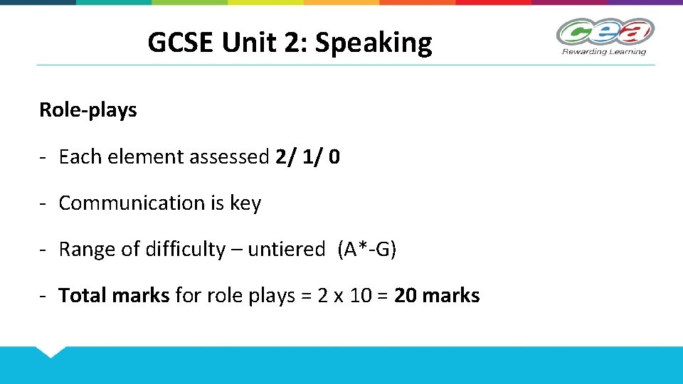 GCSE Unit 2: Speaking Role-plays - Each element assessed 2/ 1/ 0 - Communication