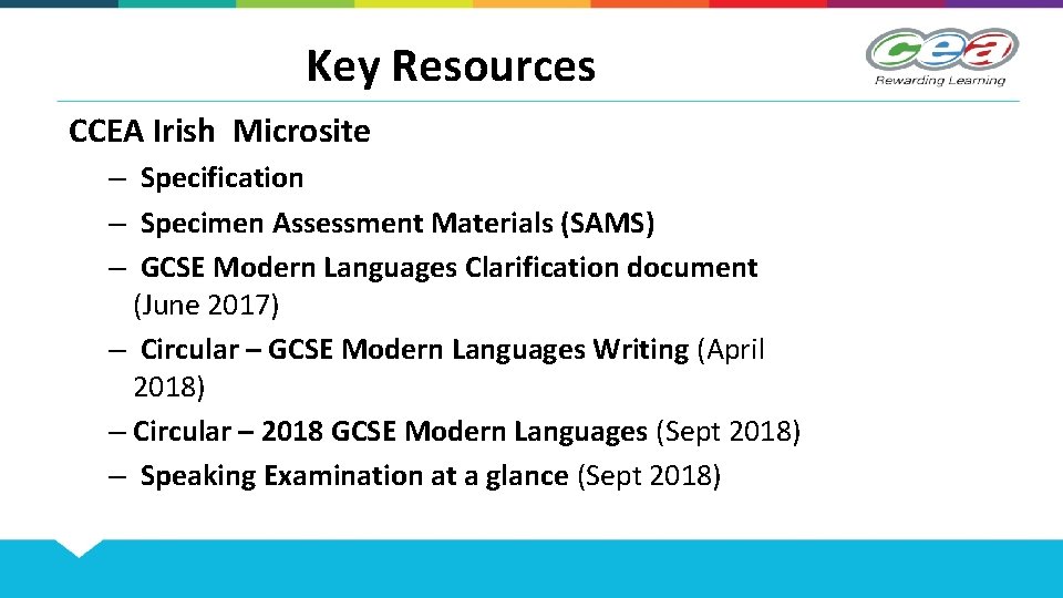 Key Resources CCEA Irish Microsite – Specification – Specimen Assessment Materials (SAMS) – GCSE