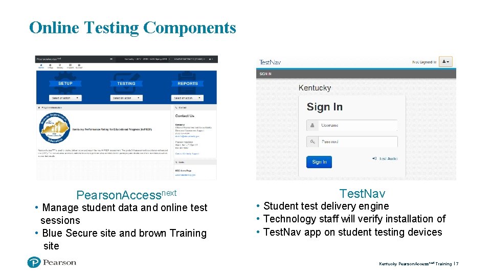 Online Testing Components Pearson. Accessnext • Manage student data and online test sessions •