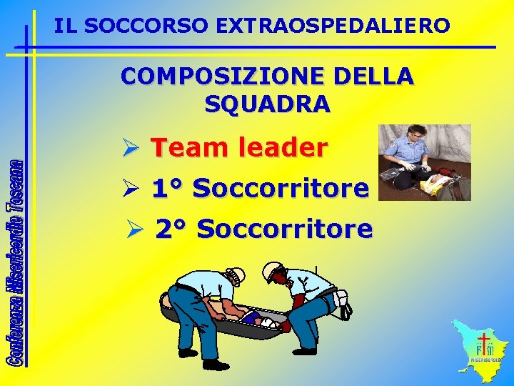 IL SOCCORSO EXTRAOSPEDALIERO COMPOSIZIONE DELLA SQUADRA Ø Team leader Ø 1° Soccorritore Ø 2°