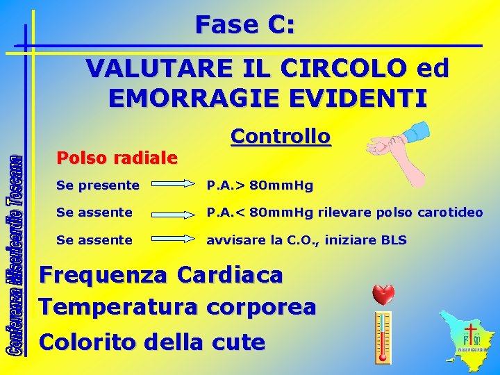 Fase C: VALUTARE IL CIRCOLO ed EMORRAGIE EVIDENTI Polso radiale Controllo Se presente P.