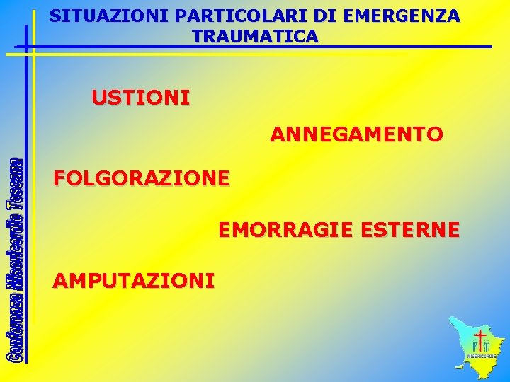 SITUAZIONI PARTICOLARI DI EMERGENZA TRAUMATICA USTIONI ANNEGAMENTO FOLGORAZIONE EMORRAGIE ESTERNE AMPUTAZIONI 