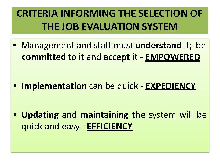 CRITERIA INFORMING THE SELECTION OF THE JOB EVALUATION SYSTEM • Management and staff must