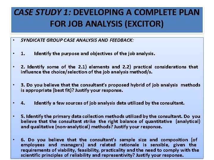 CASE STUDY 1: DEVELOPING A COMPLETE PLAN FOR JOB ANALYSIS (EXCITOR) • SYNDICATE GROUP