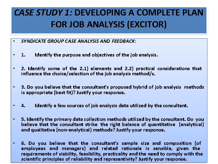 CASE STUDY 1: DEVELOPING A COMPLETE PLAN FOR JOB ANALYSIS (EXCITOR) • SYNDICATE GROUP