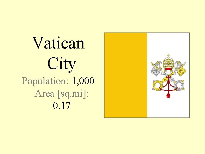 Vatican City Population: 1, 000 Area [sq. mi]: 0. 17 