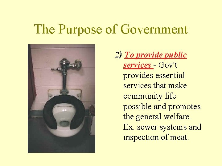 The Purpose of Government 2) To provide public services - Gov't provides essential services