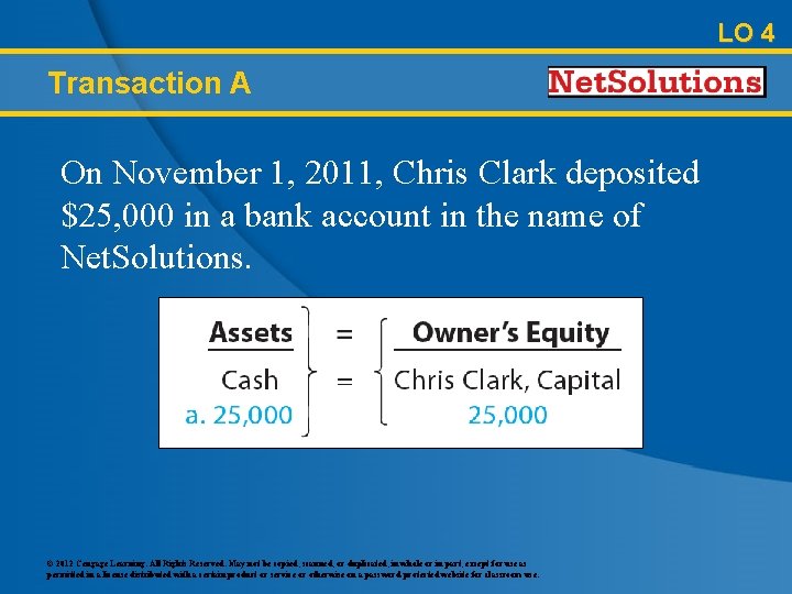 LO 4 Transaction A On November 1, 2011, Chris Clark deposited $25, 000 in