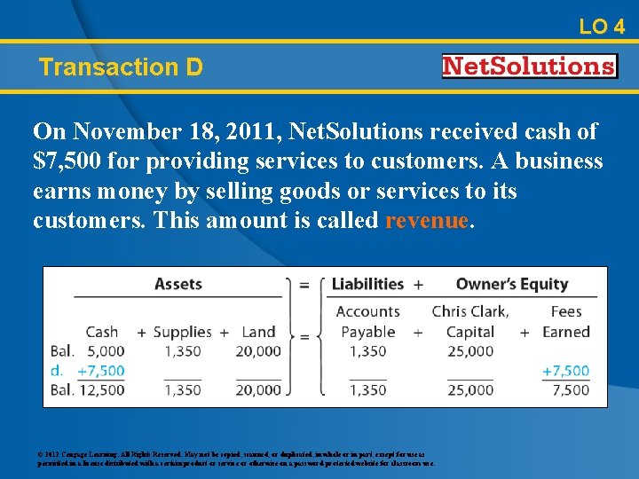 LO 4 Transaction D On November 18, 2011, Net. Solutions received cash of $7,