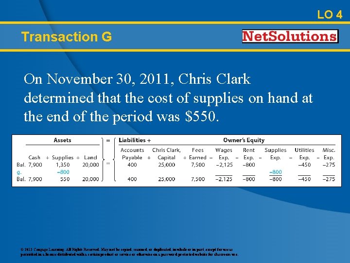 LO 4 Transaction G On November 30, 2011, Chris Clark determined that the cost