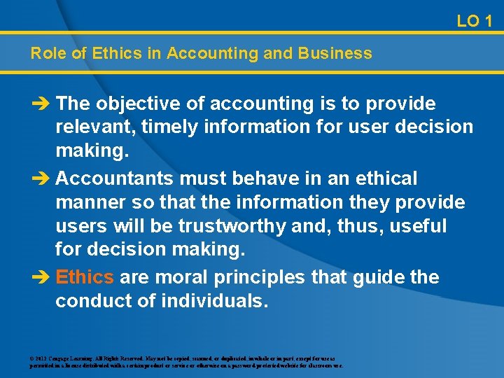 LO 1 Role of Ethics in Accounting and Business è The objective of accounting