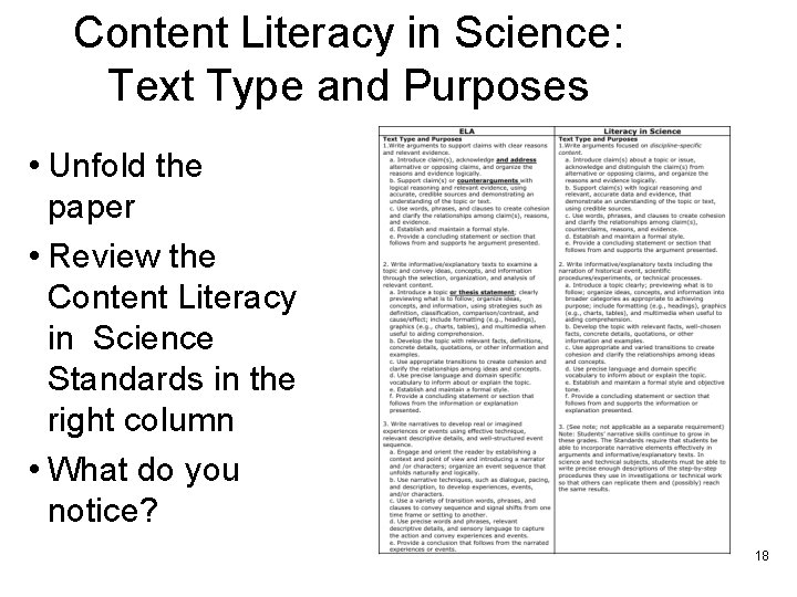 Content Literacy in Science: Text Type and Purposes • Unfold the paper • Review