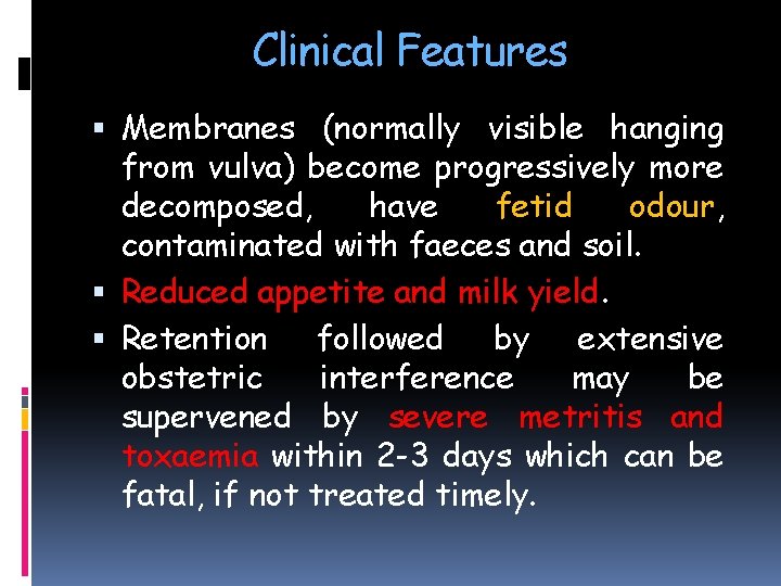 Clinical Features Membranes (normally visible hanging from vulva) become progressively more decomposed, have fetid