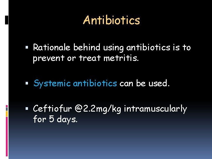 Antibiotics Rationale behind using antibiotics is to prevent or treat metritis. Systemic antibiotics can