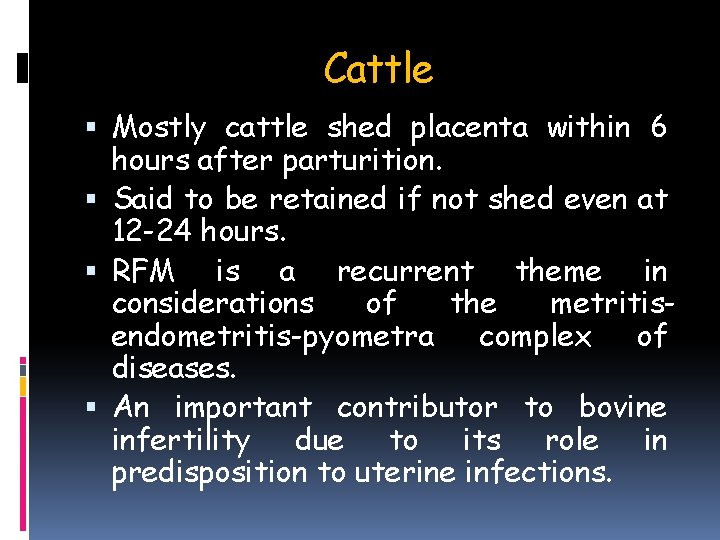 Cattle Mostly cattle shed placenta within 6 hours after parturition. Said to be retained