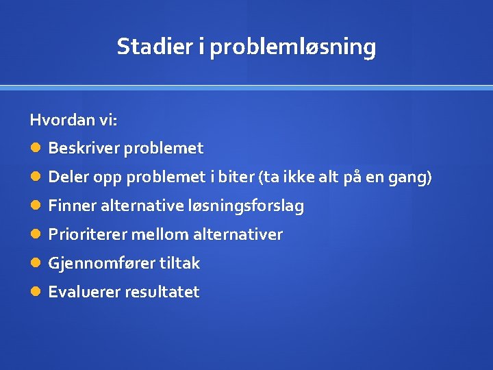 Stadier i problemløsning Hvordan vi: Beskriver problemet Deler opp problemet i biter (ta ikke