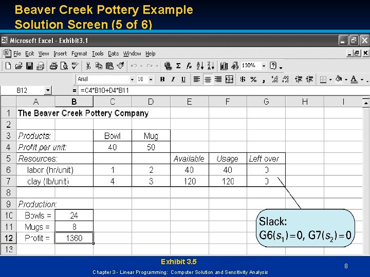 Beaver Creek Pottery Example Solution Screen (5 of 6) Exhibit 3. 5 Chapter 3