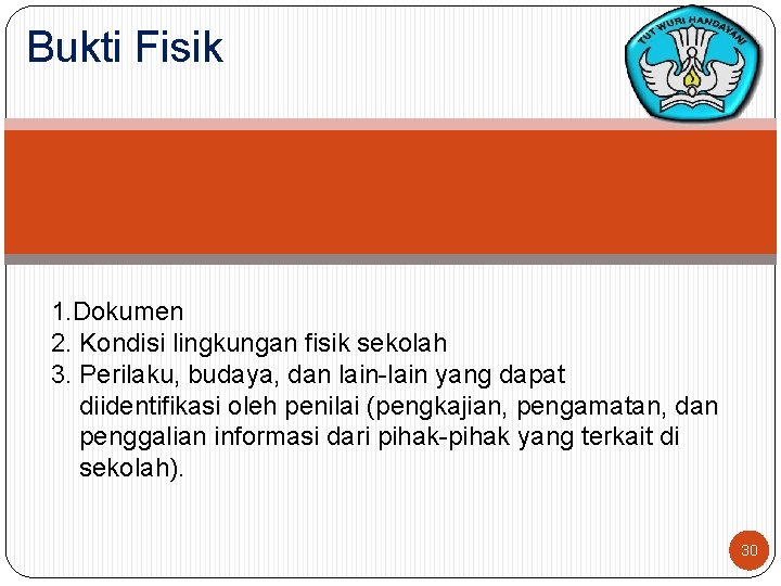 Bukti Fisik 1. Dokumen 2. Kondisi lingkungan fisik sekolah 3. Perilaku, budaya, dan lain-lain
