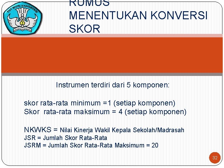 RUMUS MENENTUKAN KONVERSI SKOR Instrumen terdiri dari 5 komponen: skor rata-rata minimum =1 (setiap