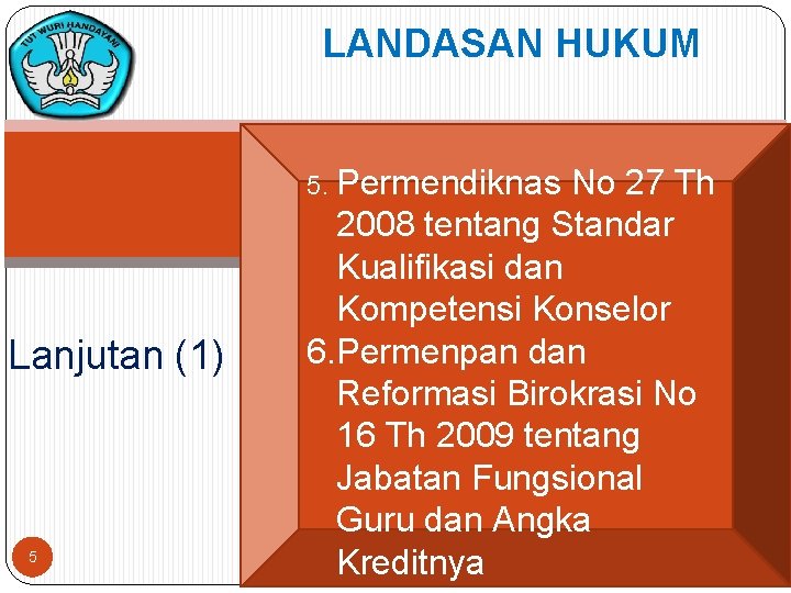 LANDASAN HUKUM 5. Permendiknas Lanjutan (1) 5 No 27 Th 2008 tentang Standar Kualifikasi