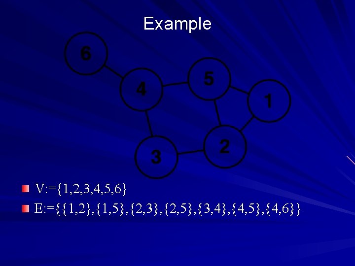 Example V: ={1, 2, 3, 4, 5, 6} E: ={{1, 2}, {1, 5}, {2,