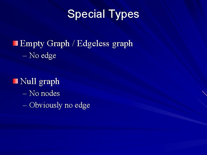 Special Types Empty Graph / Edgeless graph – No edge Null graph – No